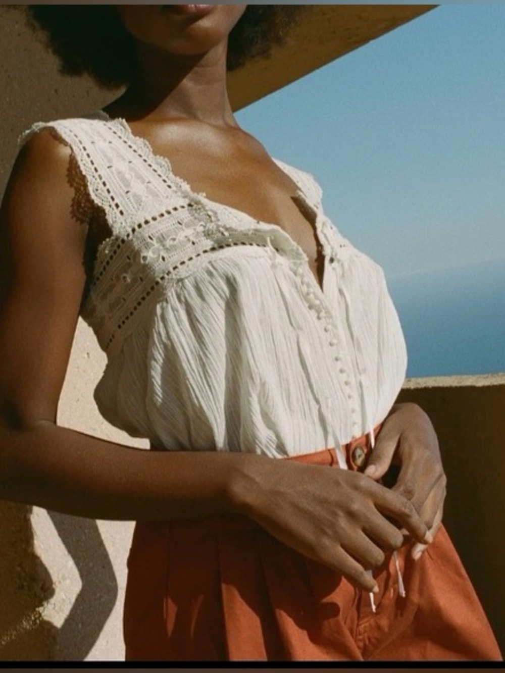 Doen Vera lace trim square neck tank in salt white cotton